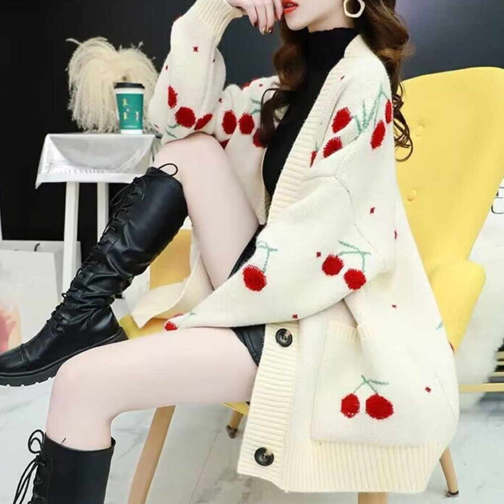 Women’s Fuzzy Knitted Cardigan Long Sleeve Button Up Kawaii Top - Picture 3 of 4